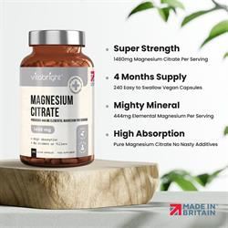 Vitabright | Magnesium Citrate 1480mg Providing 444mg Elemental Magnesium | 240 capsule Supply